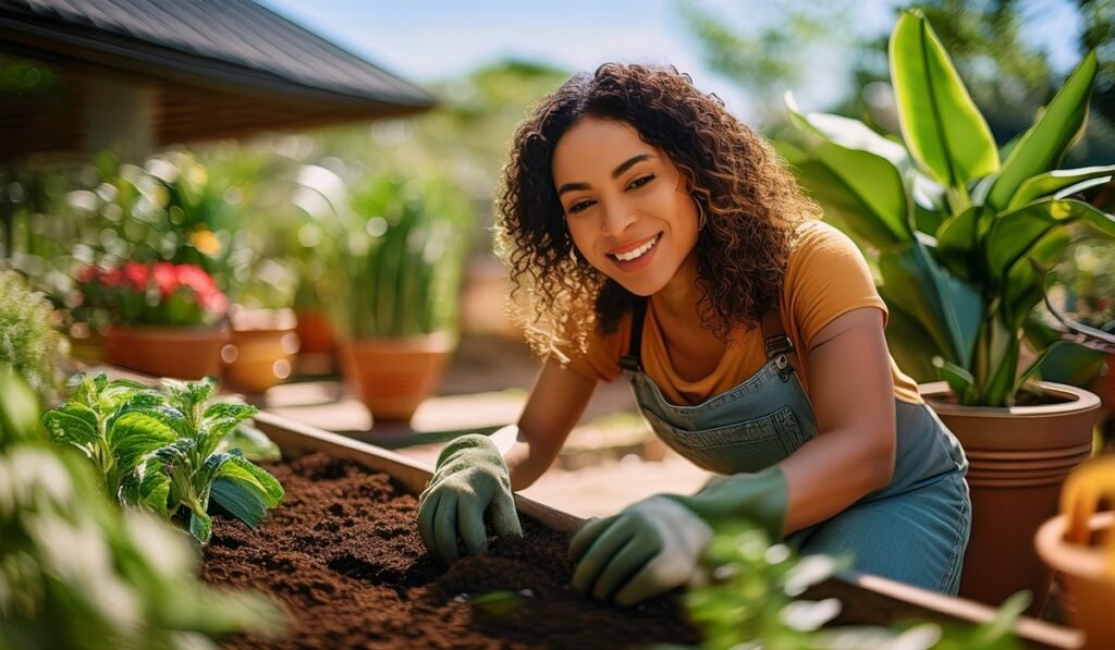 mulher praticando jardinagem como seu hobby para relaxar