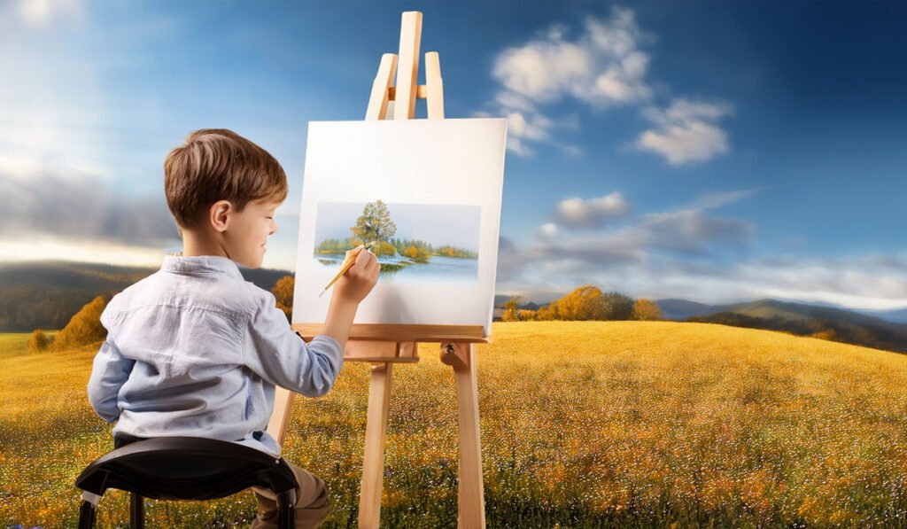 garoto pintando um quadro ao ar livre